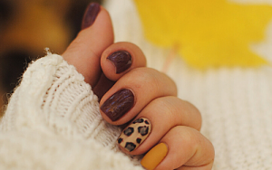 Multicoloured nails with burgundy, mustard and cheetah print