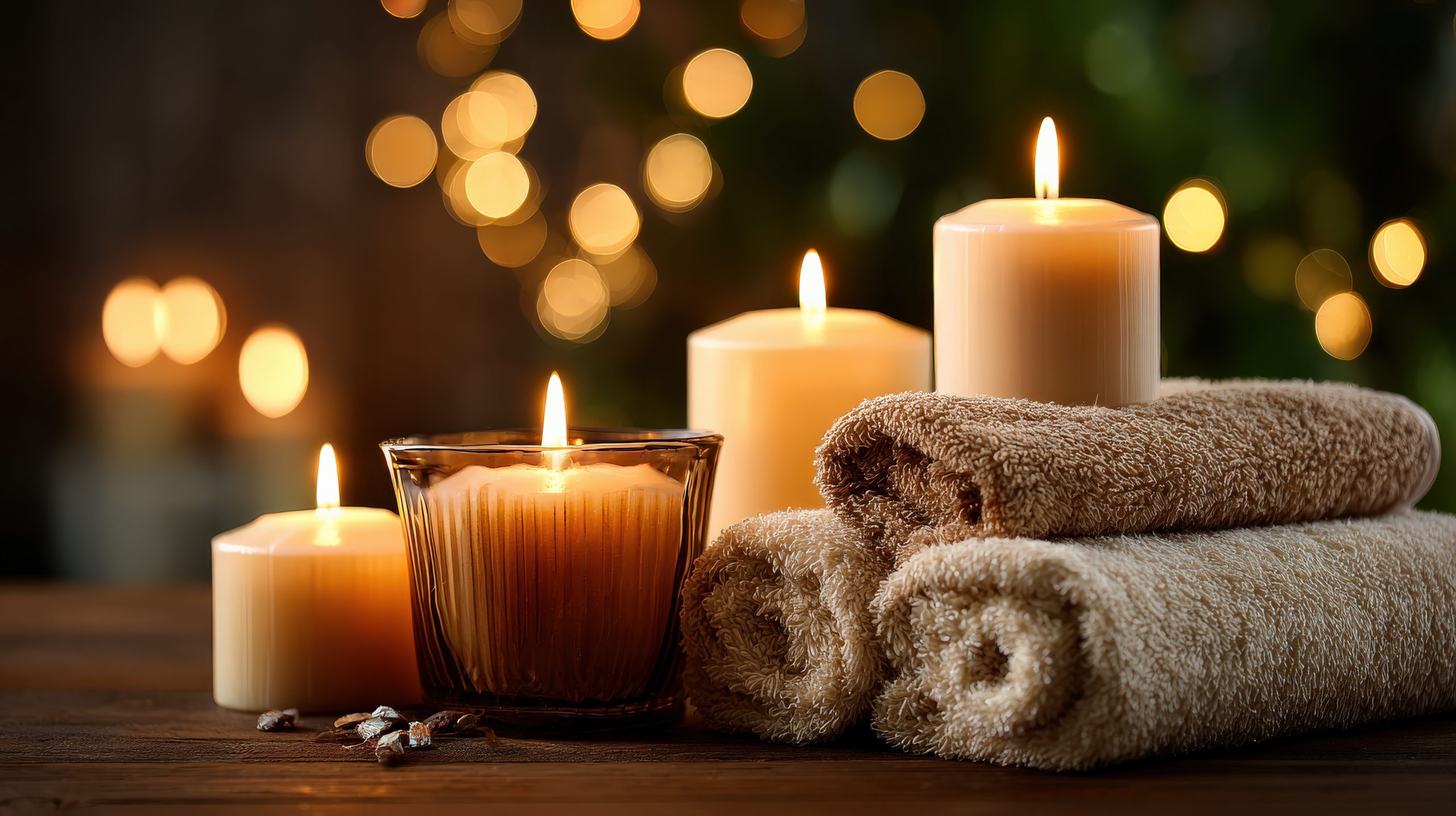 Rolled towels, lit candles, and a soft pink rose create a serene spa setting at Ana Harmony in Maidenhead. Rolled towels, lit candles, and a soft pink rose create a serene spa setting at Ana Harmony in Maidenhead.