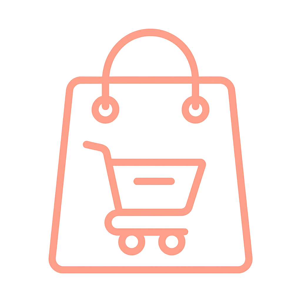 Shop Icon – Coral Boutique Illustration for Ana Harmony Line-art icon of a boutique storefront in soft coral, representing the Ana Harmony online shop